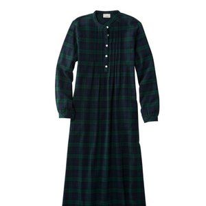 LL Bean Black Green Plaid Flannel Nightgown Sleep Shirt